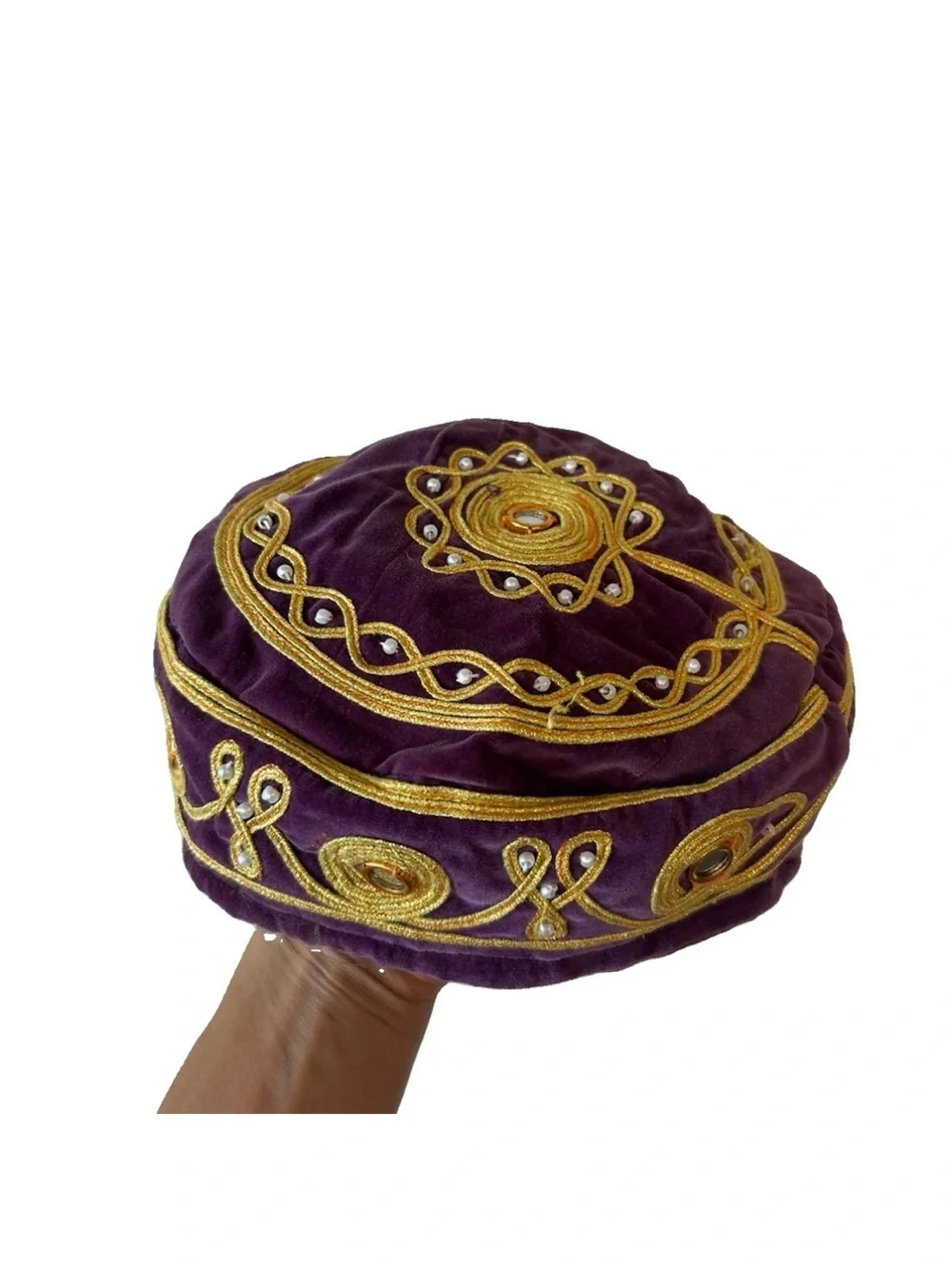 Vintage Velvet Embroidered Turkish Islamic Hat Kufi Gold Thread Mirror Bead
